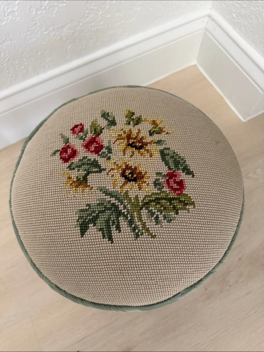 Vintage Needlepoint Floral Round Footstool in Cream and Sage